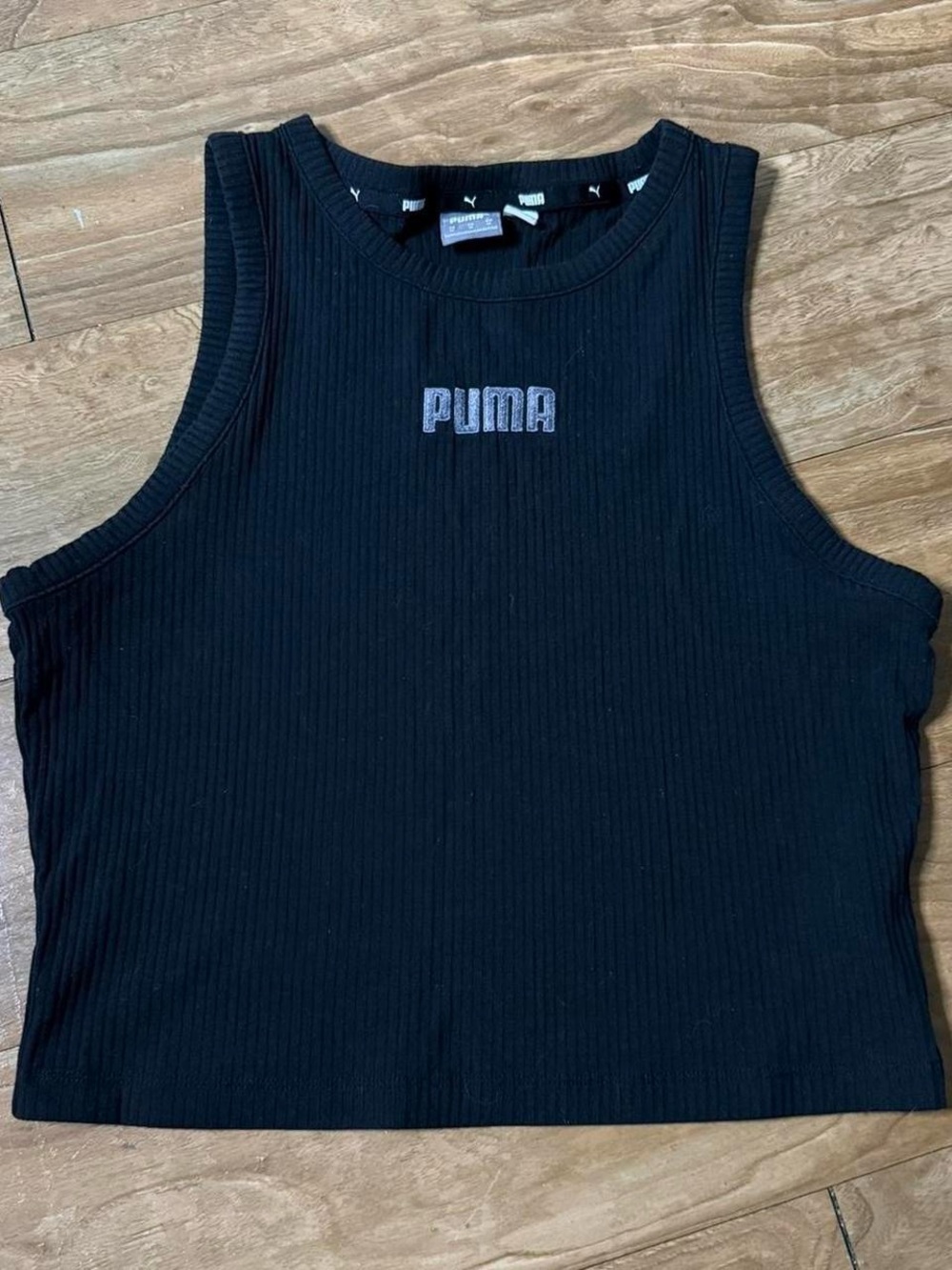 Puma Black Ribbed Cropped Tank with Logo